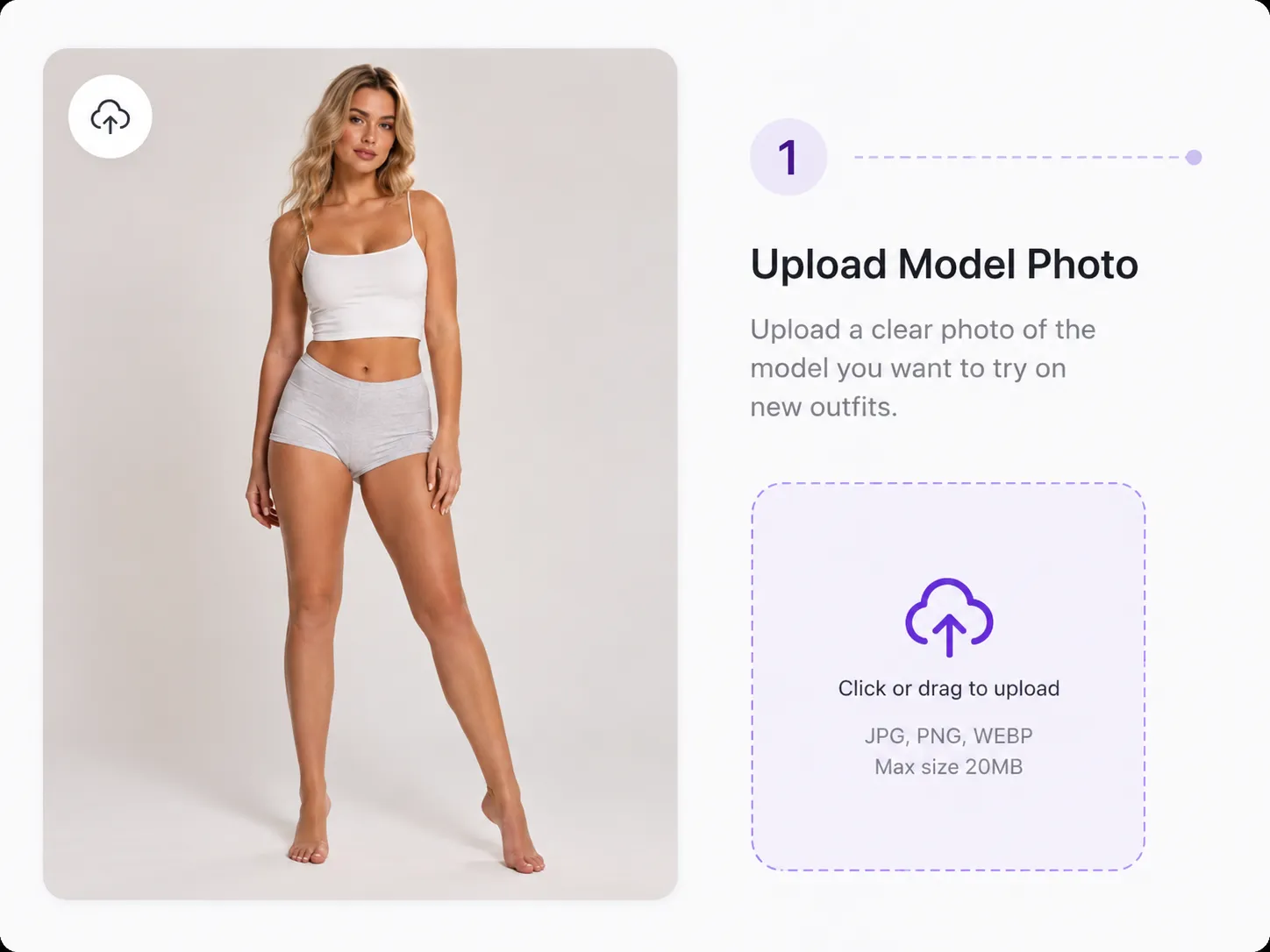 YuzuTime AI Clothes Changer interface prompting the user to upload a clear person photo