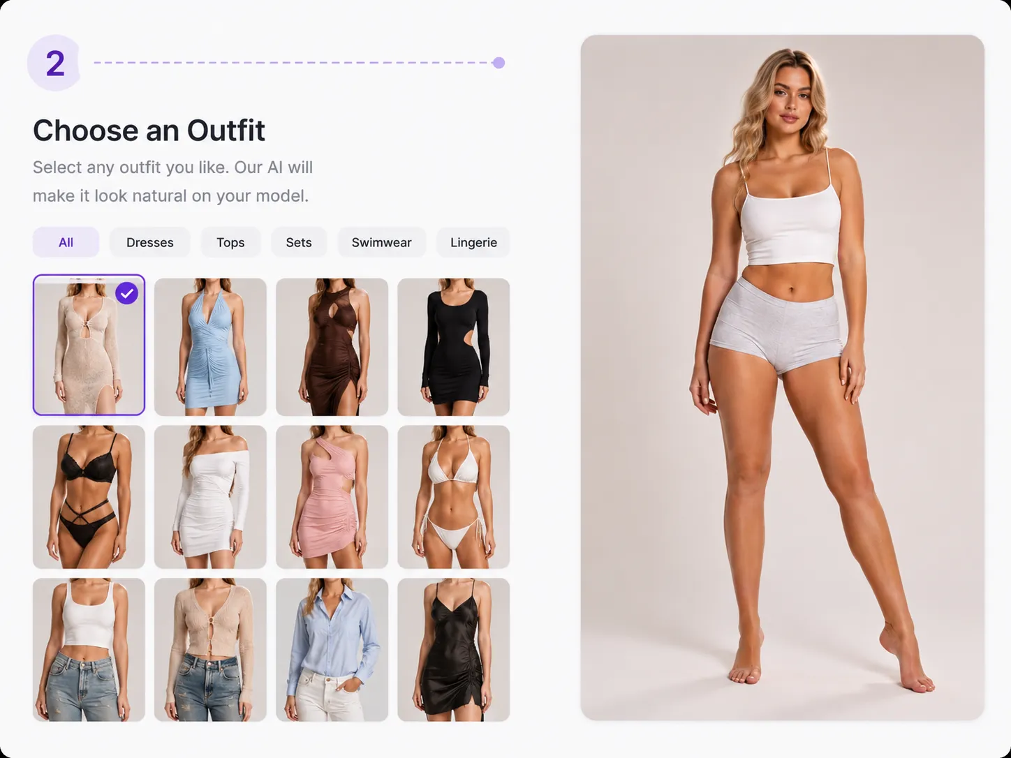Outfit selection interface with preset clothing templates and a person preview