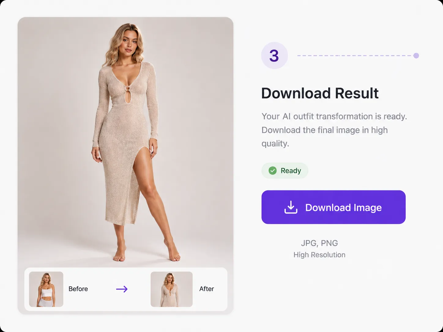 Generated outfit result with a download button and before-and-after thumbnails