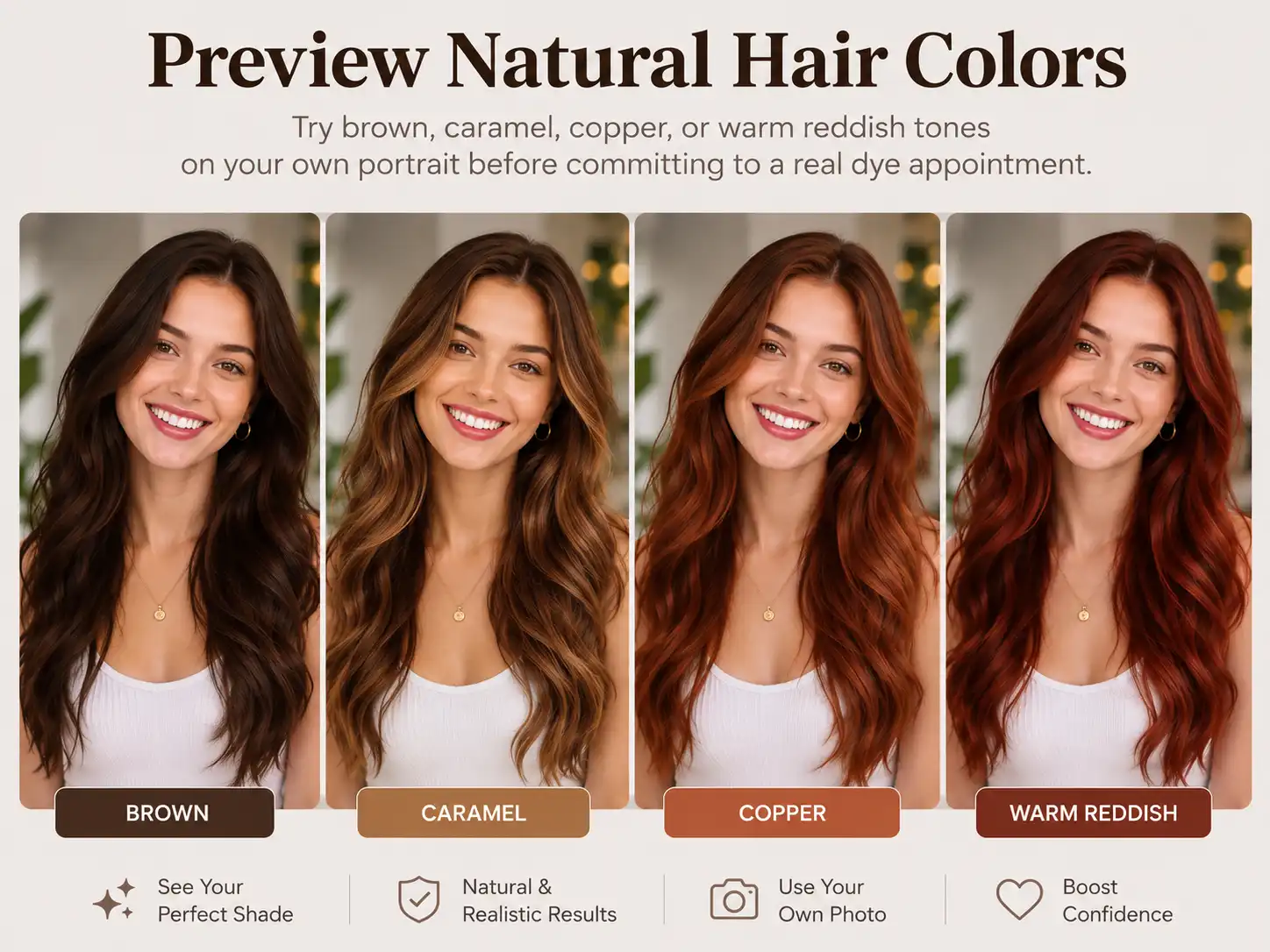 Virtual hair color simulation showing a transition to Caramel Macchiato Balayage