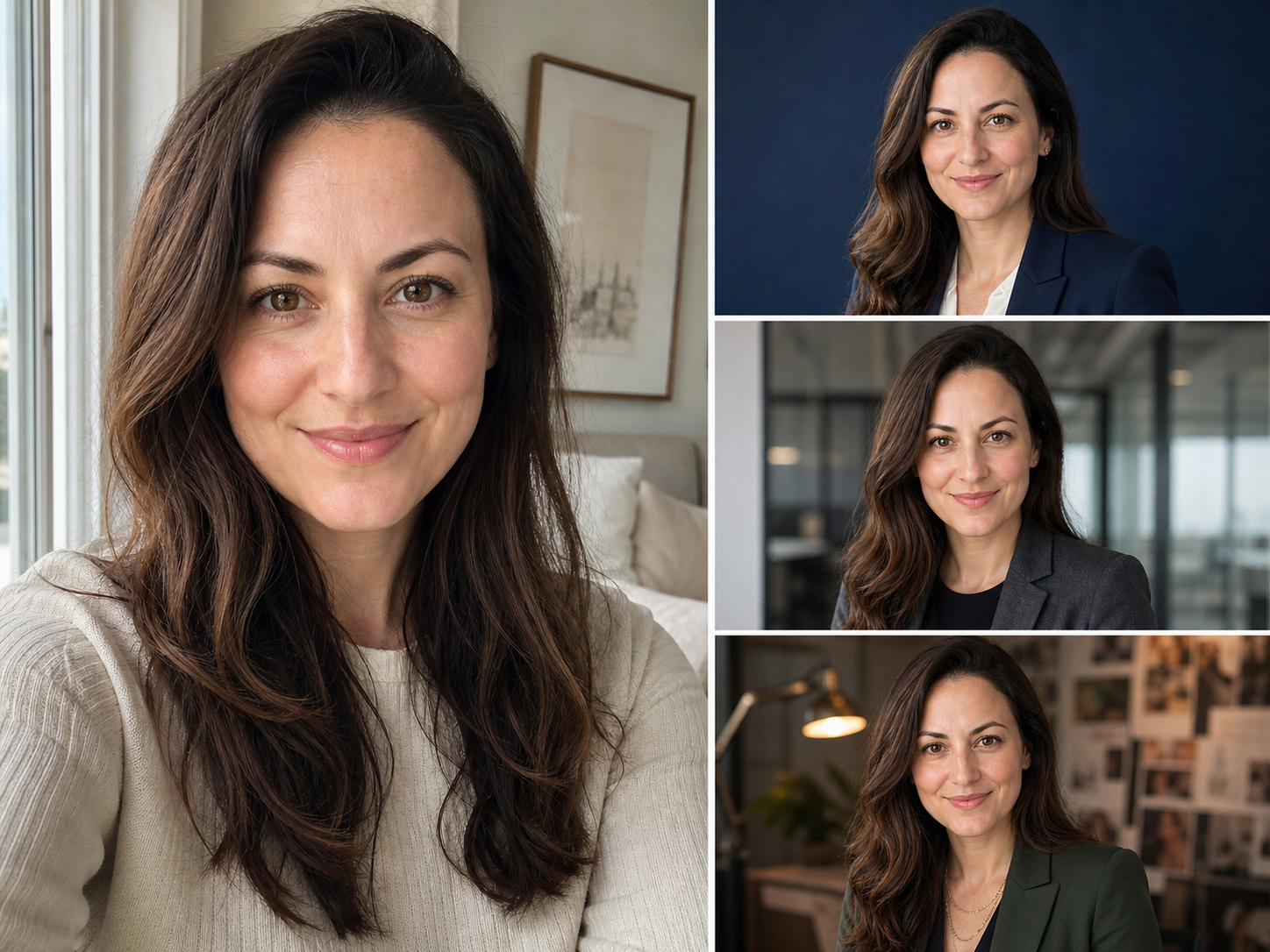 One selfie shown alongside three professional AI headshot variations