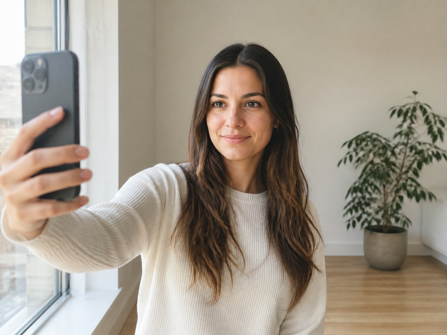 Taking a clear front-facing selfie in soft natural light