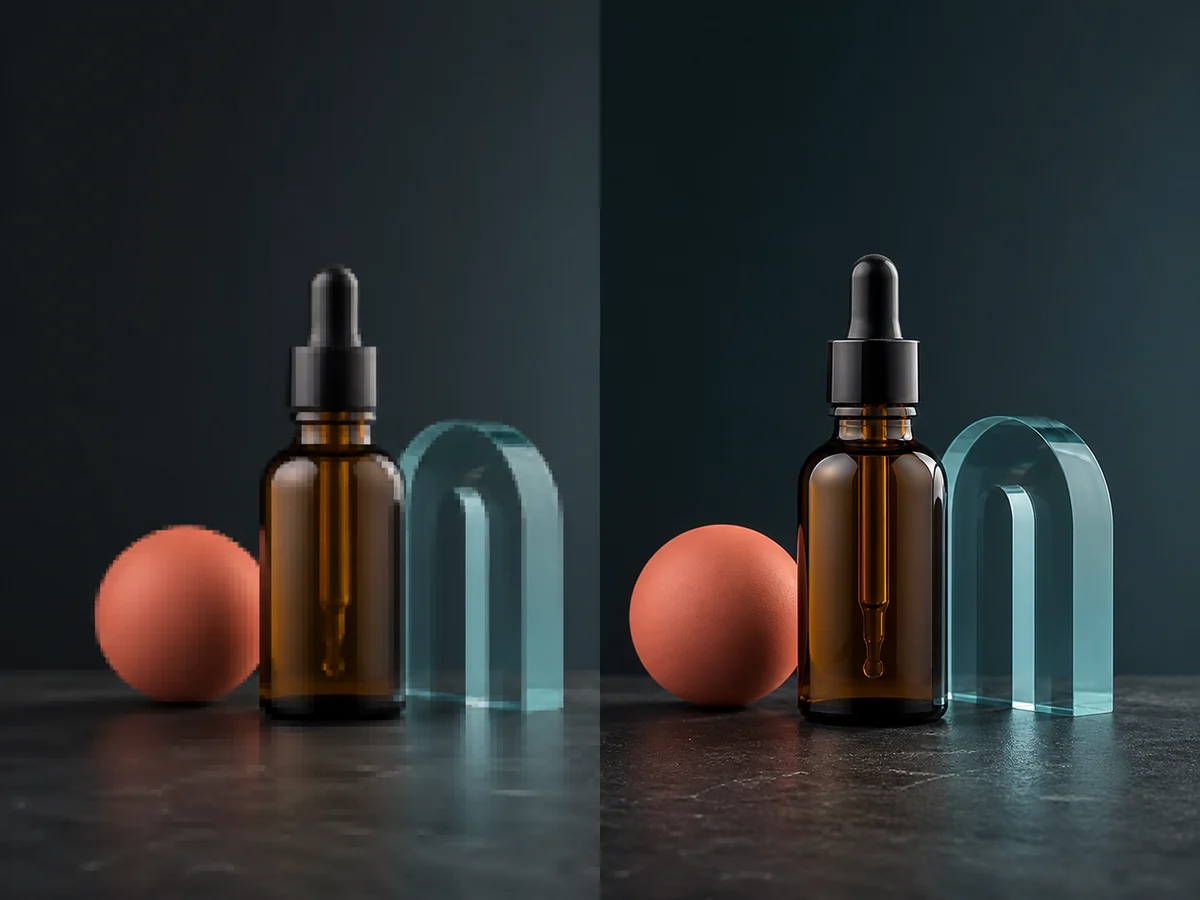 Minimal product campaign comparison with pixelated objects on the left and sharp details on the right