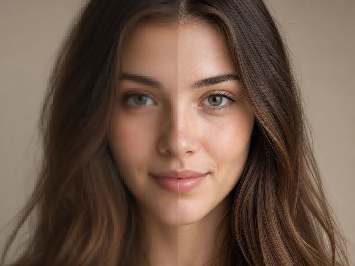 Portrait comparison with a pixelated left side and detailed right side
