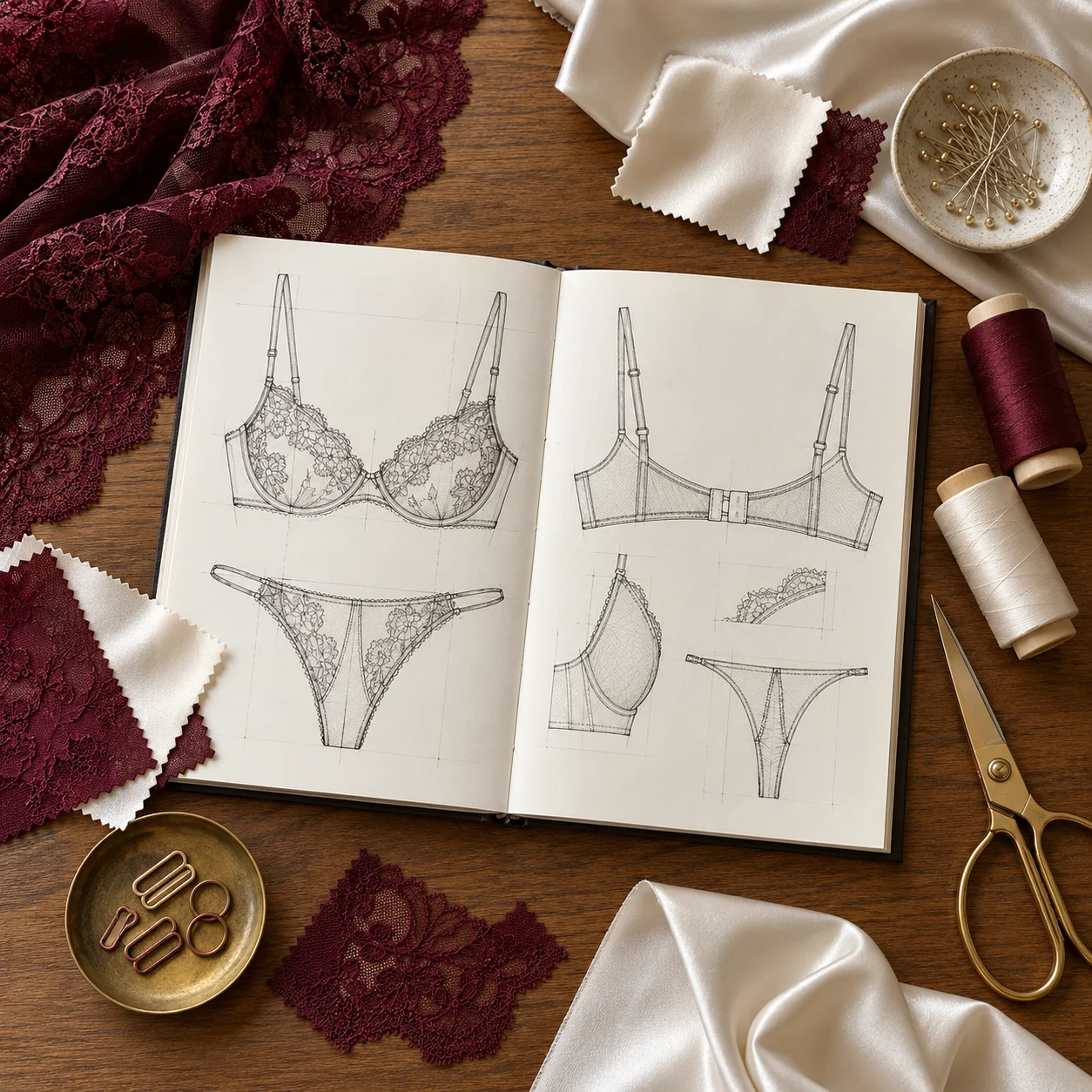 Adult fashion model in an opaque lingerie look reviewing a collection mood board in a design studio