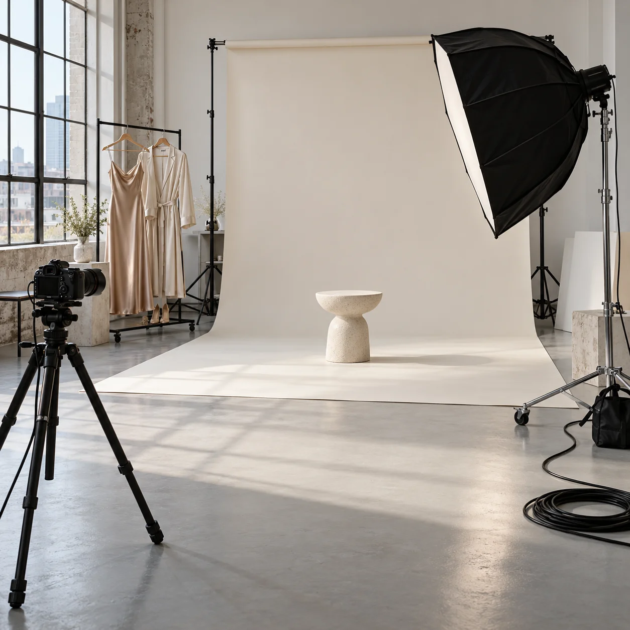 Adult fashion model in tasteful opaque lingerie posing in a warm editorial photo studio