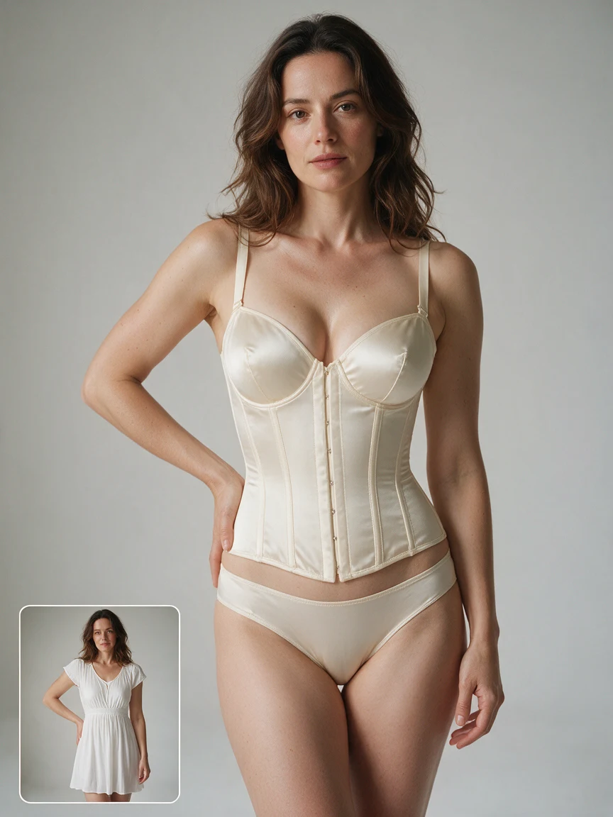 AI-generated ivory corset fashion example with a small original-outfit reference at bottom left