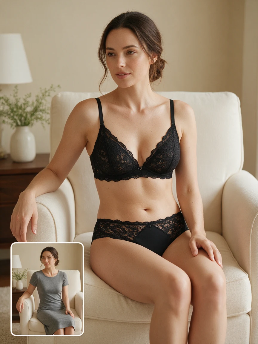 AI-generated black lace fashion example with a small original-outfit reference at bottom left