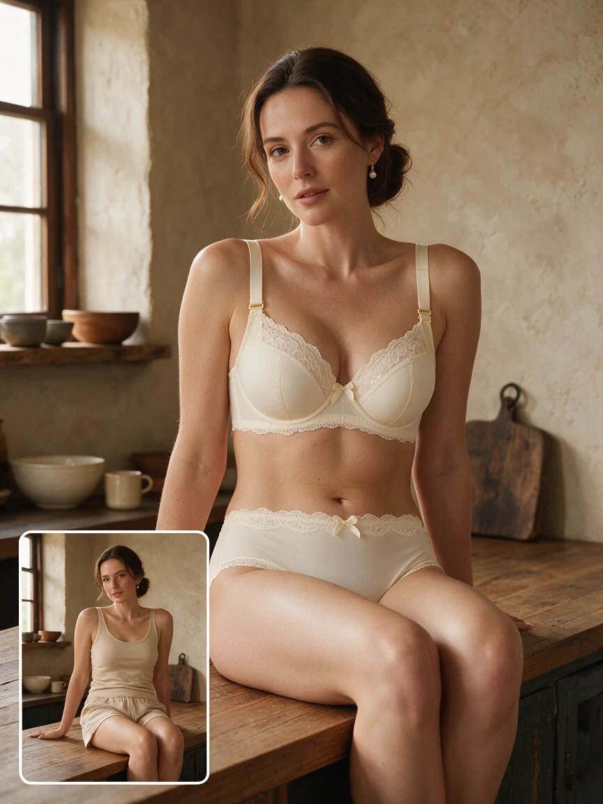 AI-generated modern ivory fashion example with a small original-outfit reference at bottom left