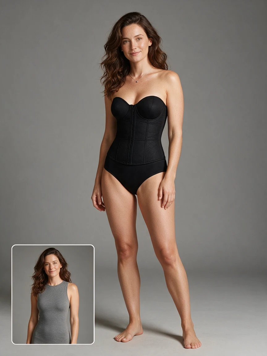 AI-generated black corset fashion example with a small original-outfit reference at bottom left
