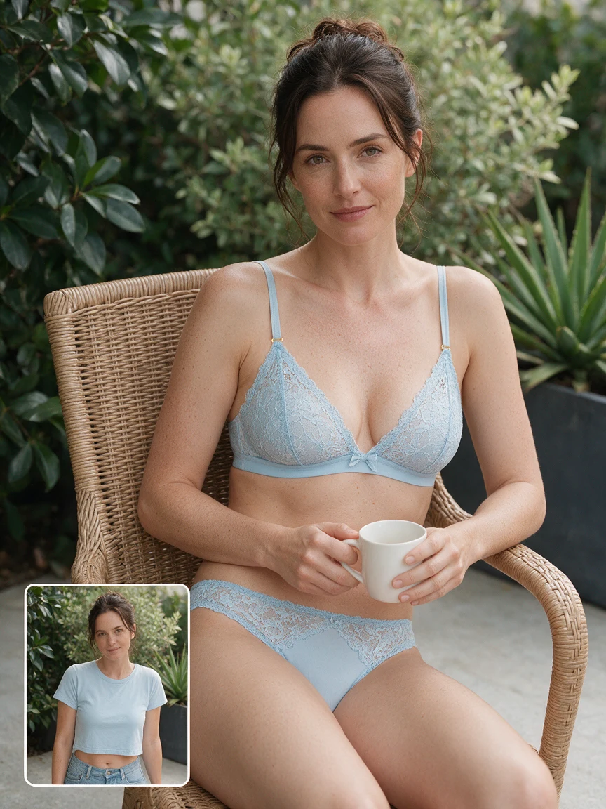 AI-generated baby blue lace fashion example with a small original-outfit reference at bottom left