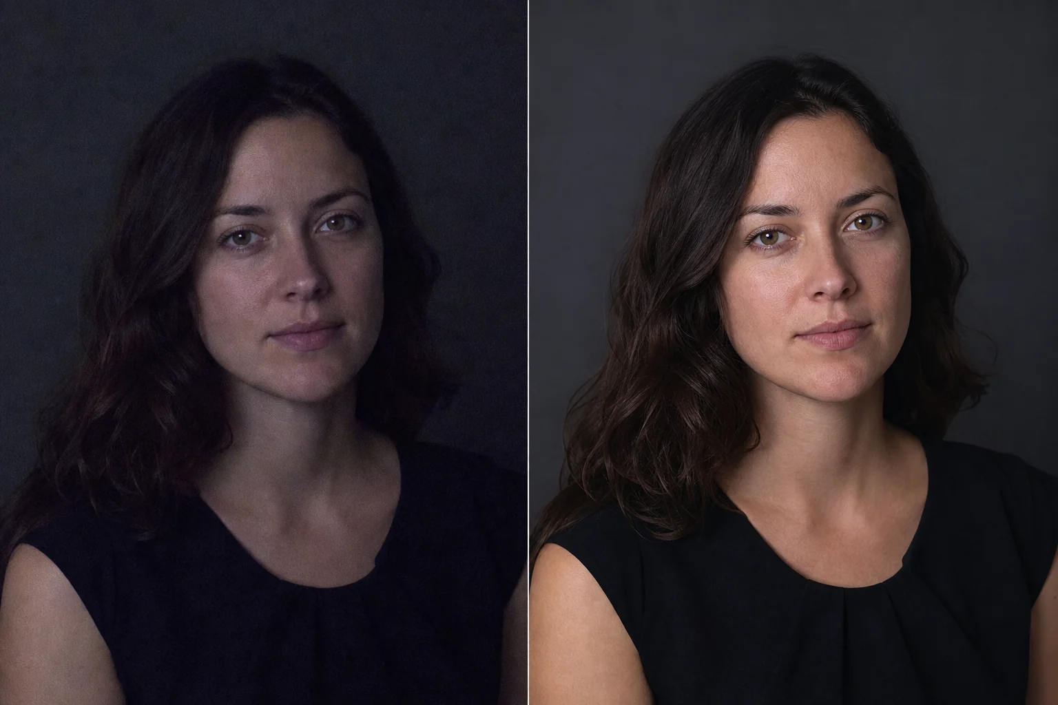 Before and after comparison of a low-light portrait enhanced with improved clarity and balanced lighting