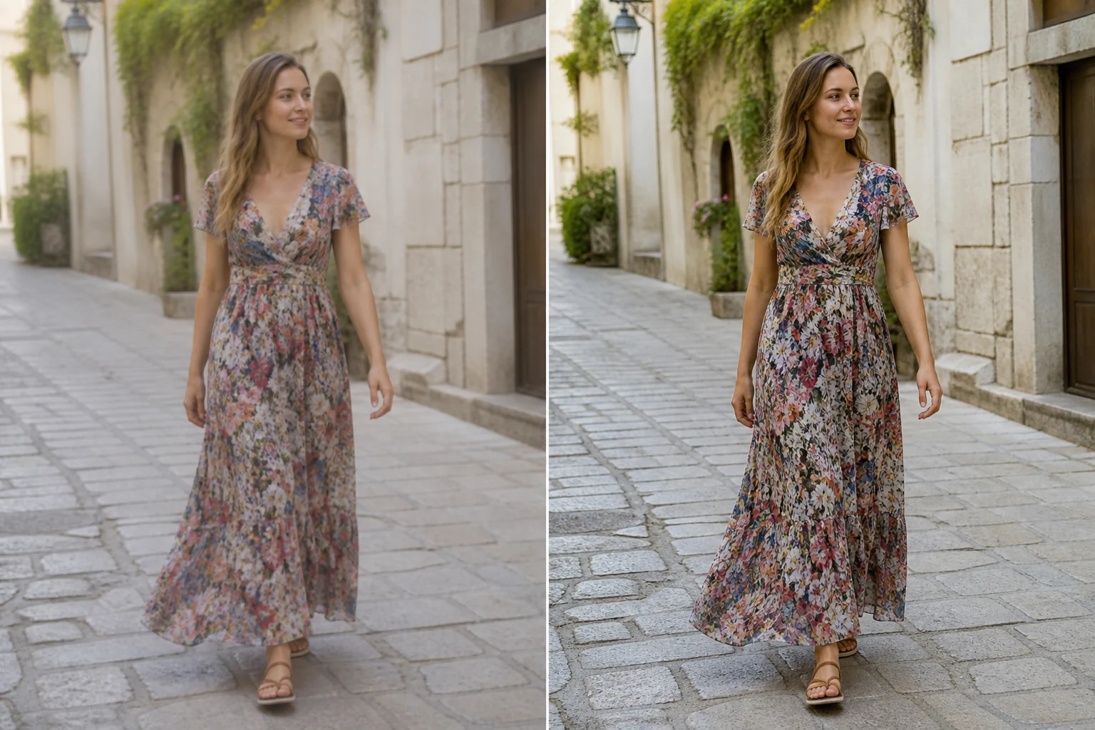 Before and after comparison of a woman in a floral maxi dress walking on a stone street with improved clarity and color
