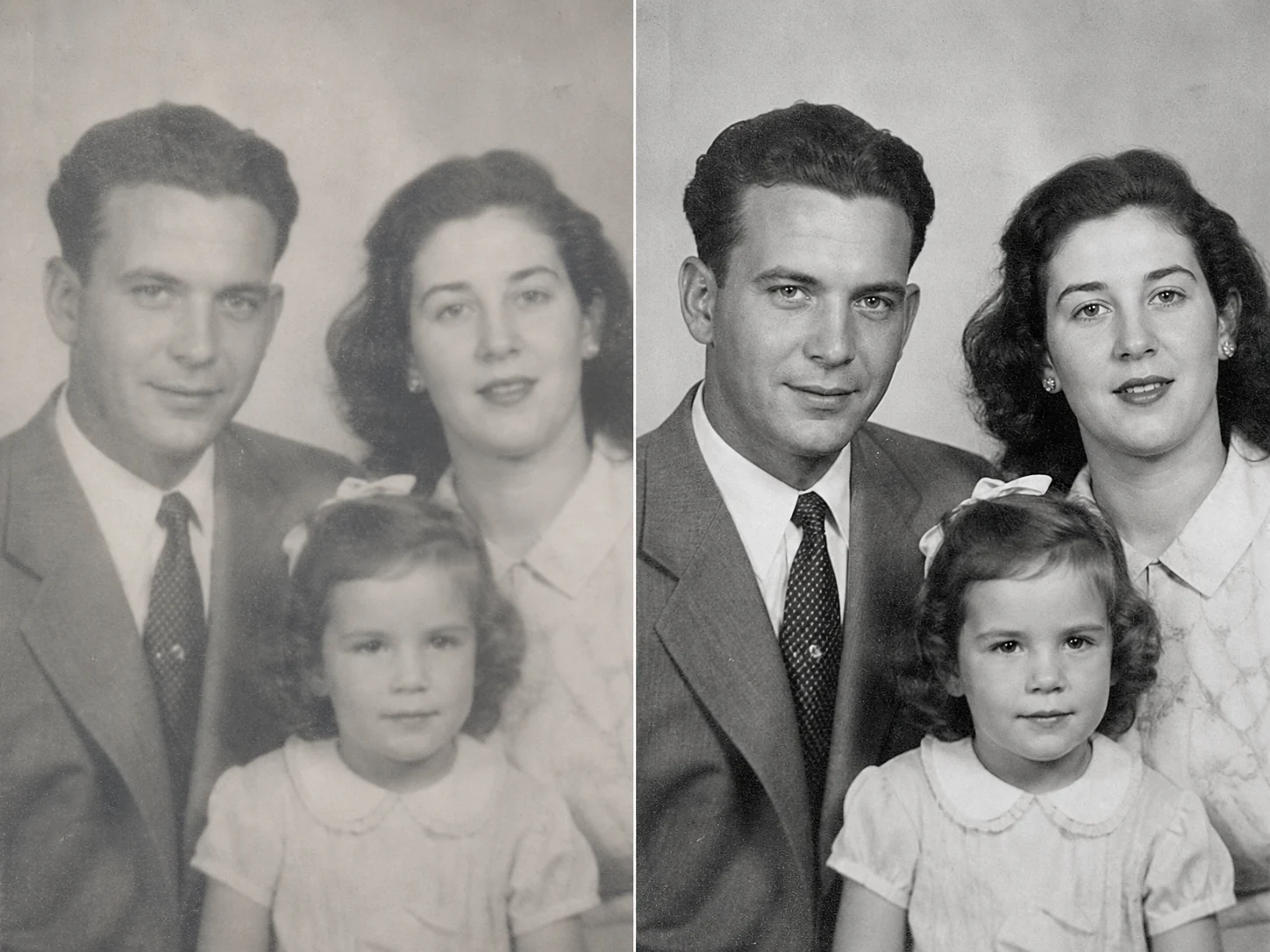 Black-and-white family photo before and after clarity enhancement without colorization