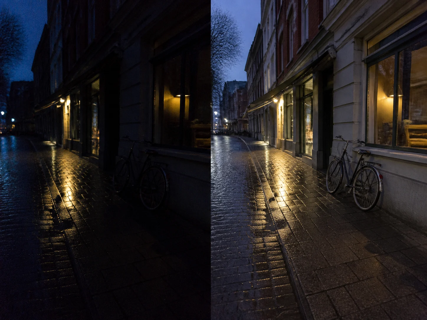 Side-by-side comparison of a dark noisy phone photo and a naturally enhanced street scene
