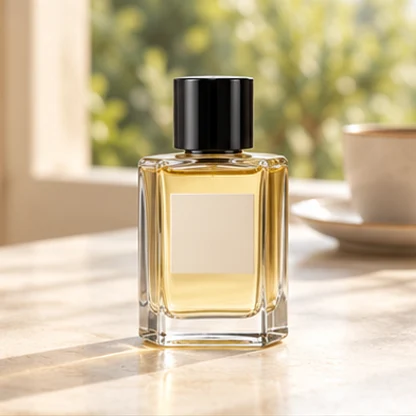 Illustrative scene of the perfume bottle on a sunlit table beside a coffee cup