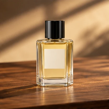 Illustrative perfume product scene: Natural wood