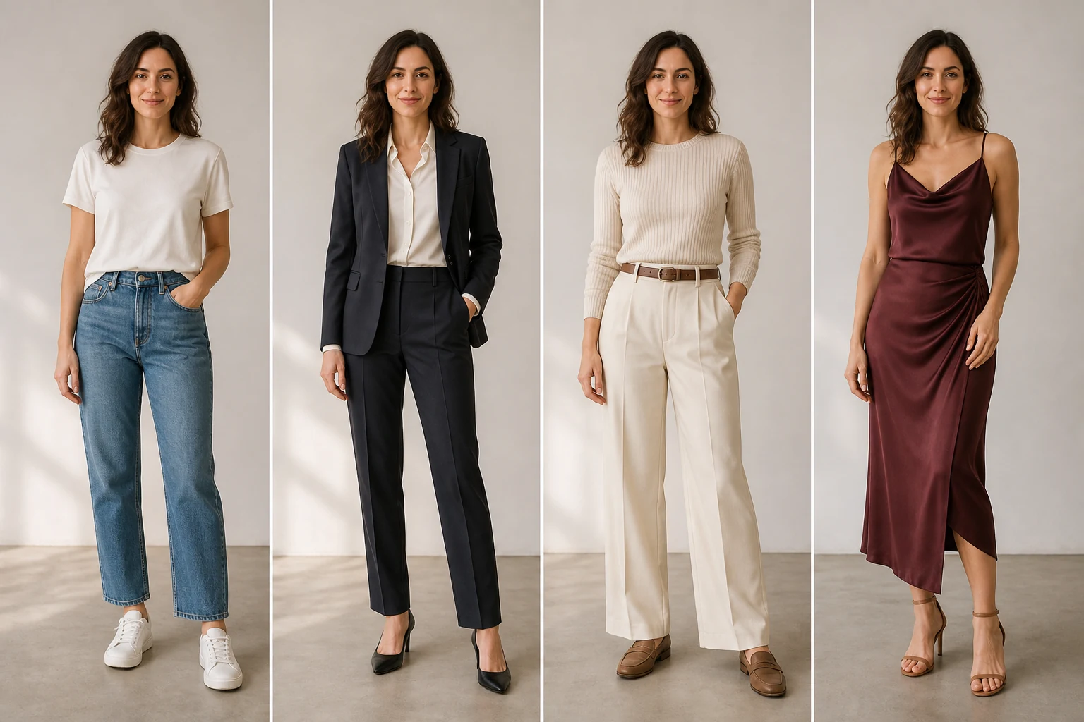 The same adult woman shown in casual, business, neutral, and evening outfits for an AI clothes changer guide