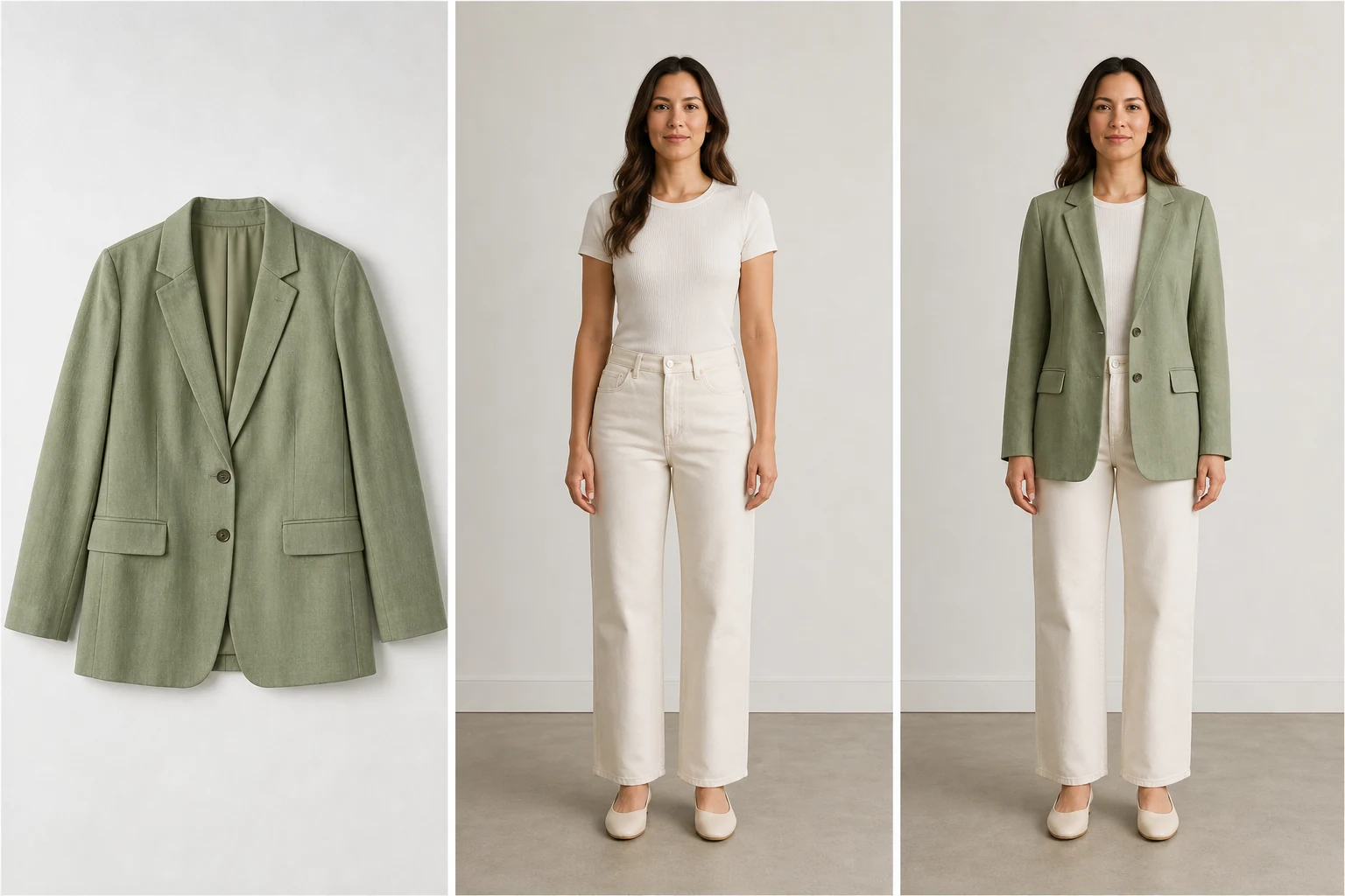 Illustration showing a green blazer reference, a portrait in a white top, and a proposed outfit