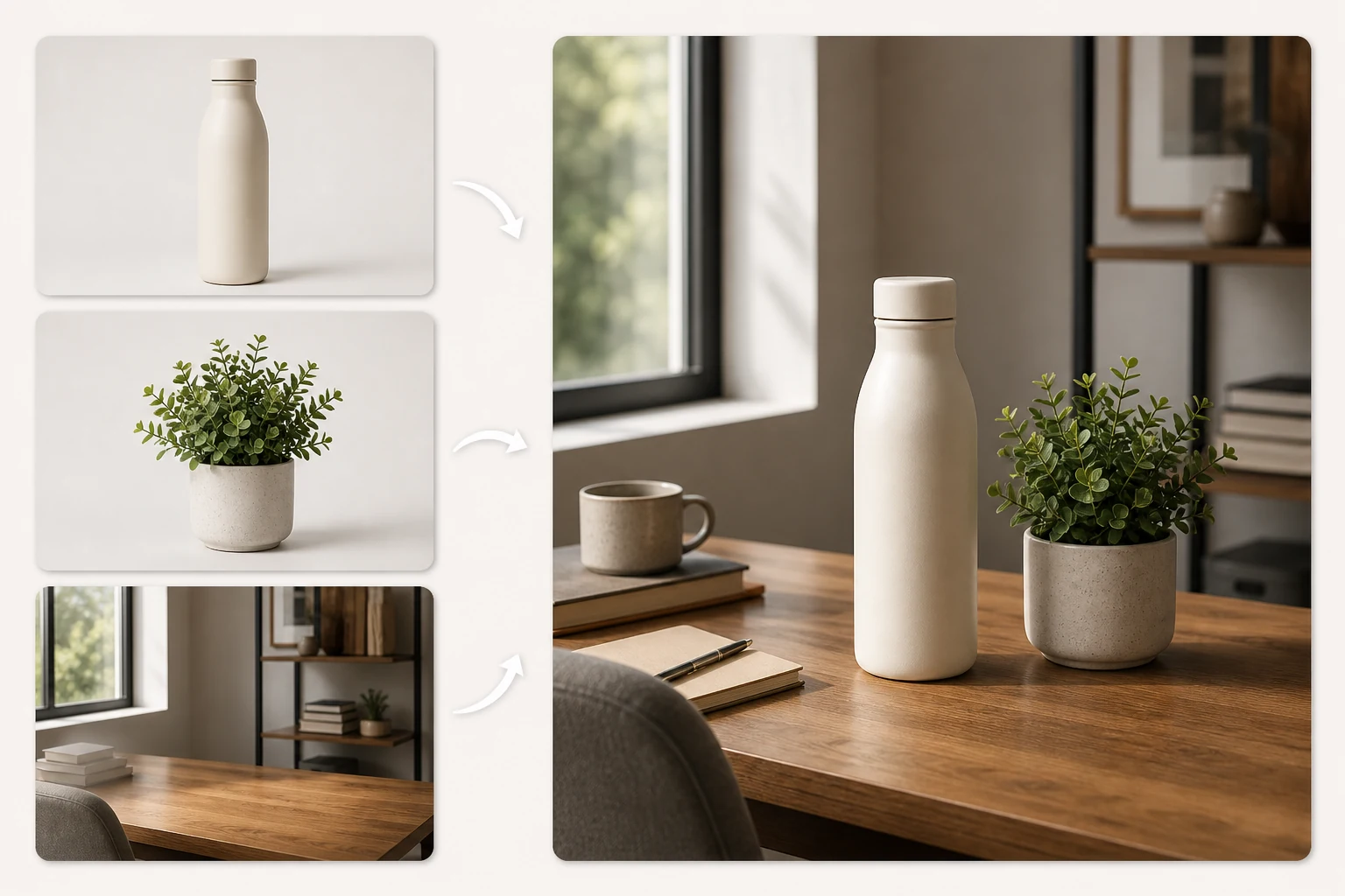 Three source images of a bottle, plant, and empty desk combined into one realistic lifestyle product photo