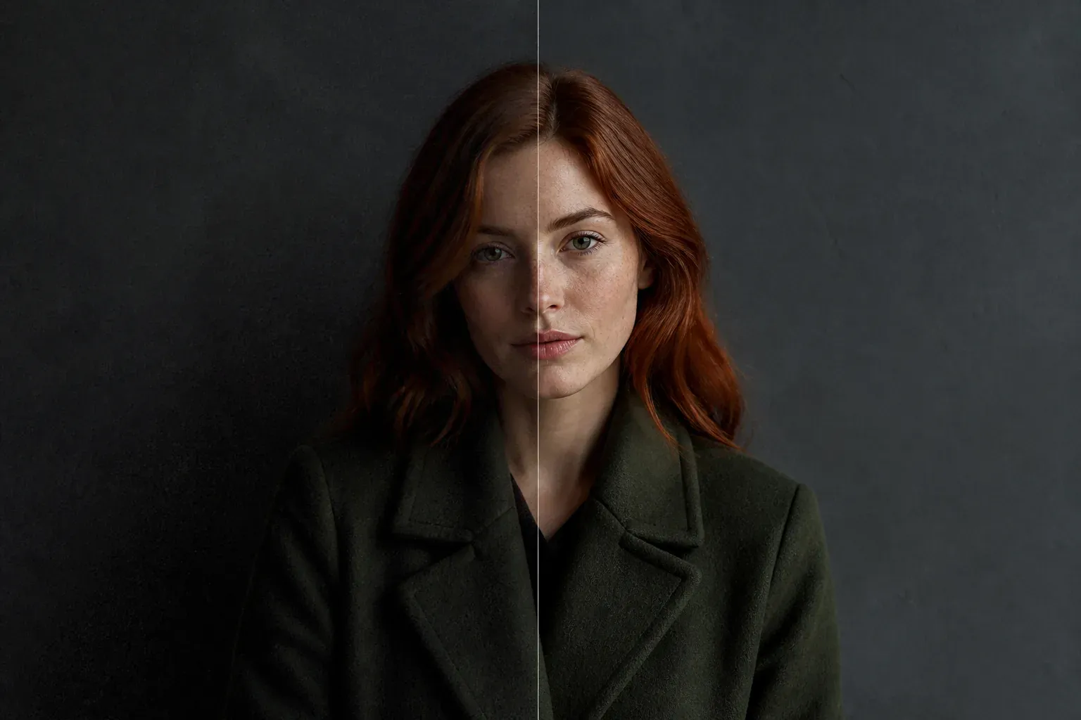 Side-by-side AI photo enhancer comparison showing a dark noisy portrait on the left and a naturally clearer portrait on the right