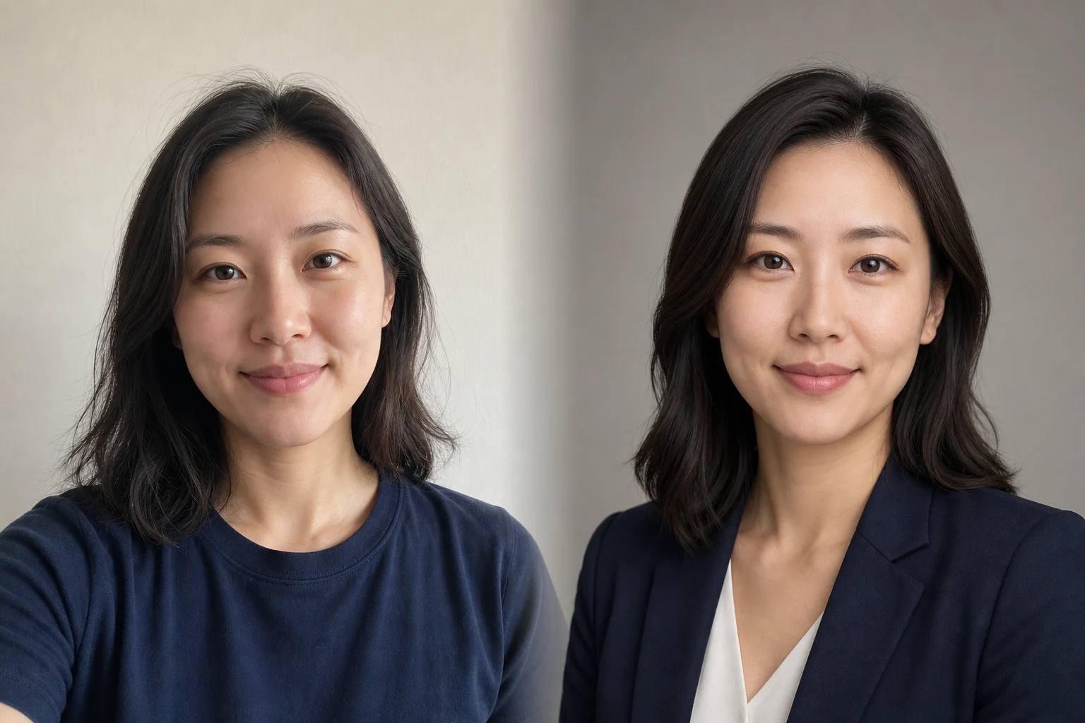 The same fictional woman shown in a casual source portrait and a natural professional AI headshot