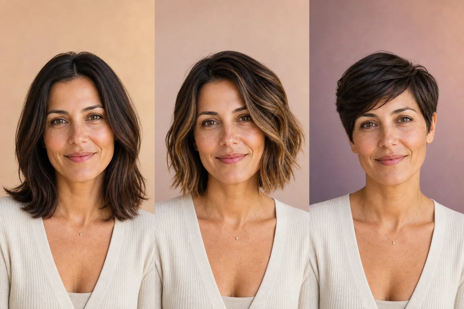 The same woman comparing natural shoulder-length hair, a caramel balayage bob, and a short pixie cut