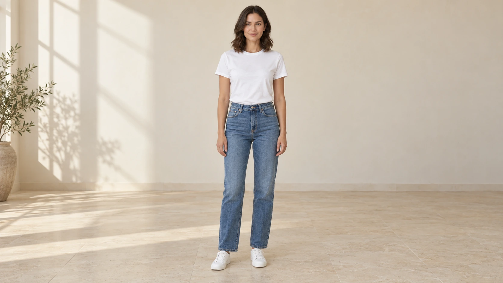 白いTシャツと青いジーンズを着てスタジオに立つ女性
