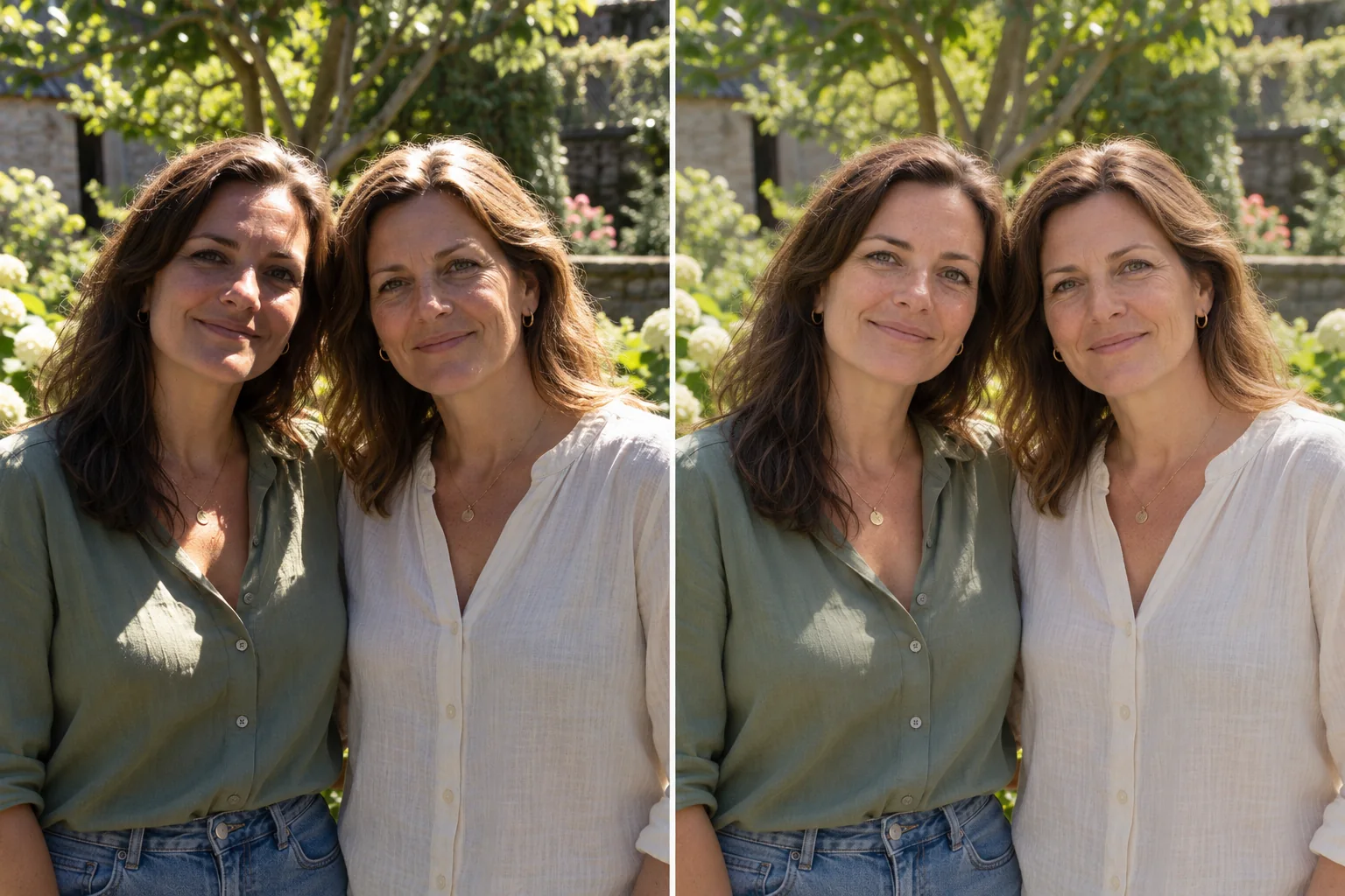 Garden portrait of two women before and after balancing harsh light and facial shadows