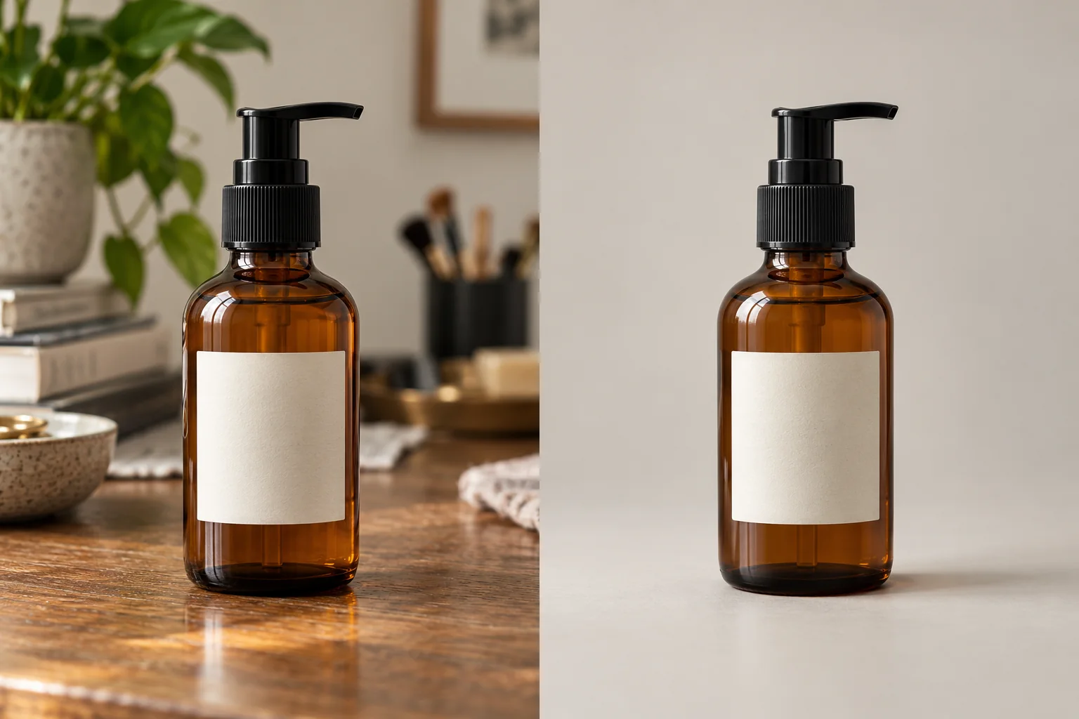 Amber pump bottle before and after replacing a cluttered tabletop background with a neutral studio setting