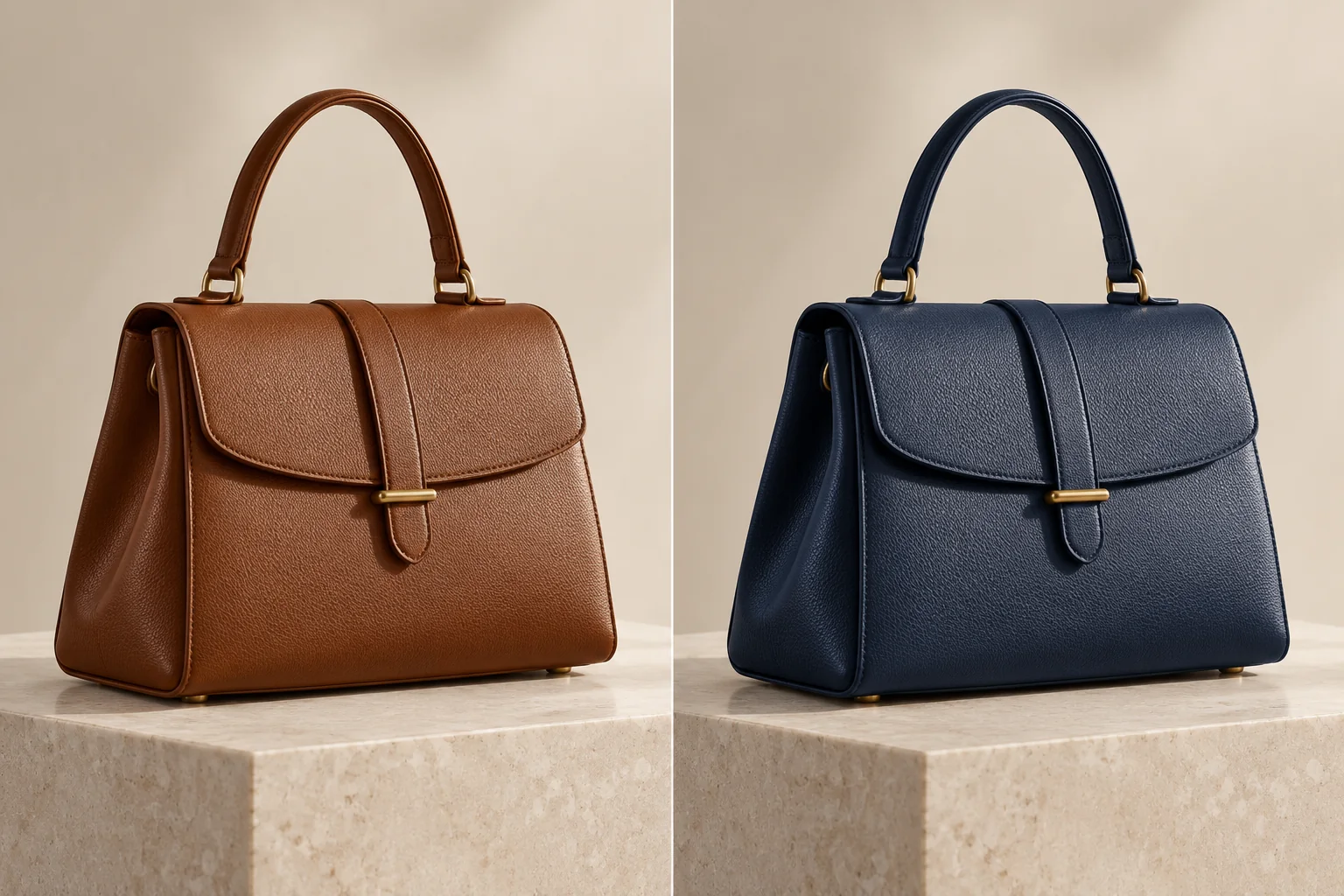 Leather handbag before and after changing the color from cognac brown to navy blue