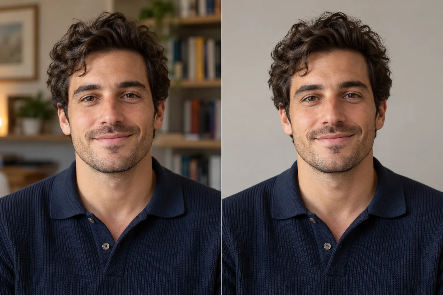 Portrait of a man before and after simplifying the background and softening the light