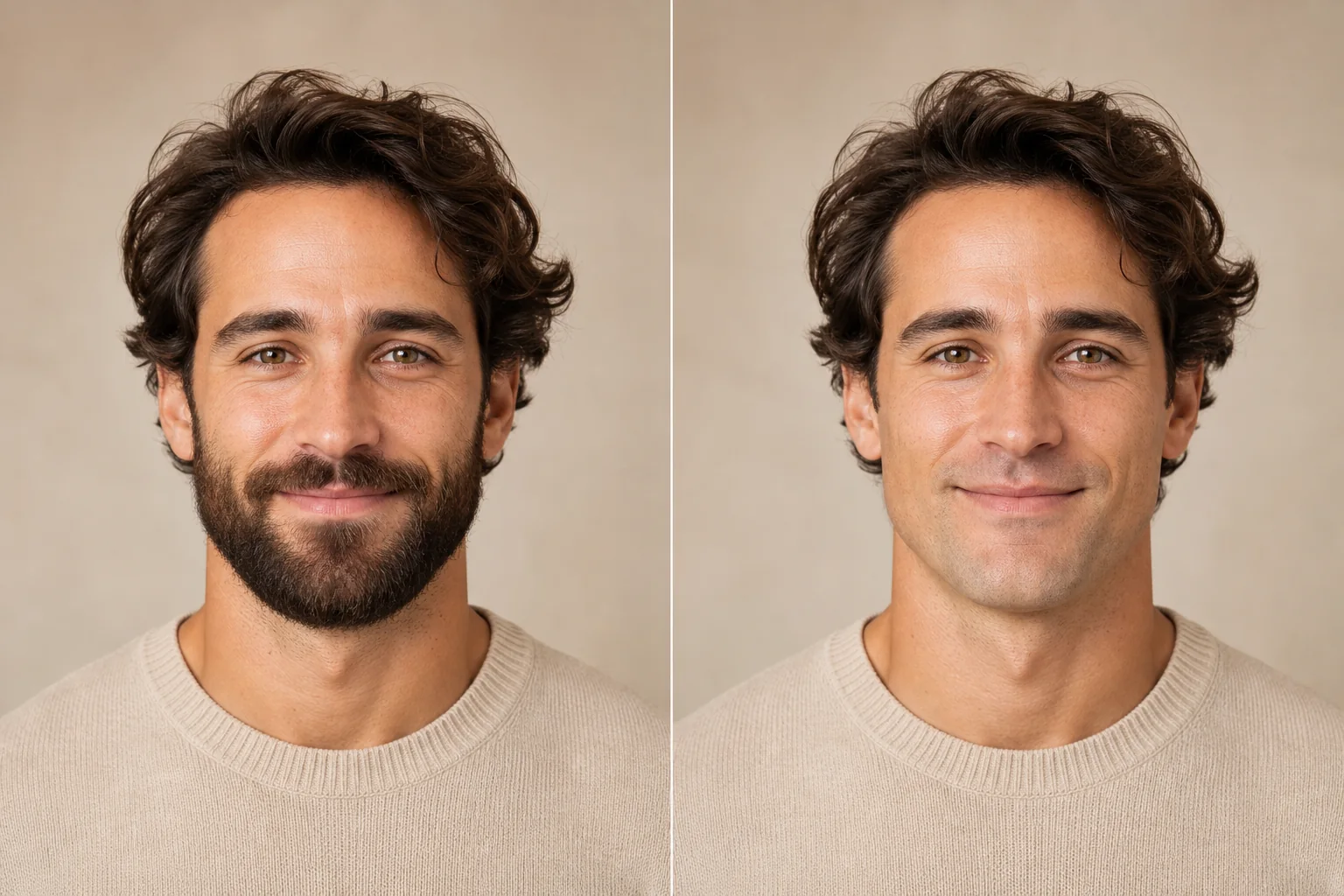 Before and after portrait showing beard removal with the YuzuTime no beard filter
