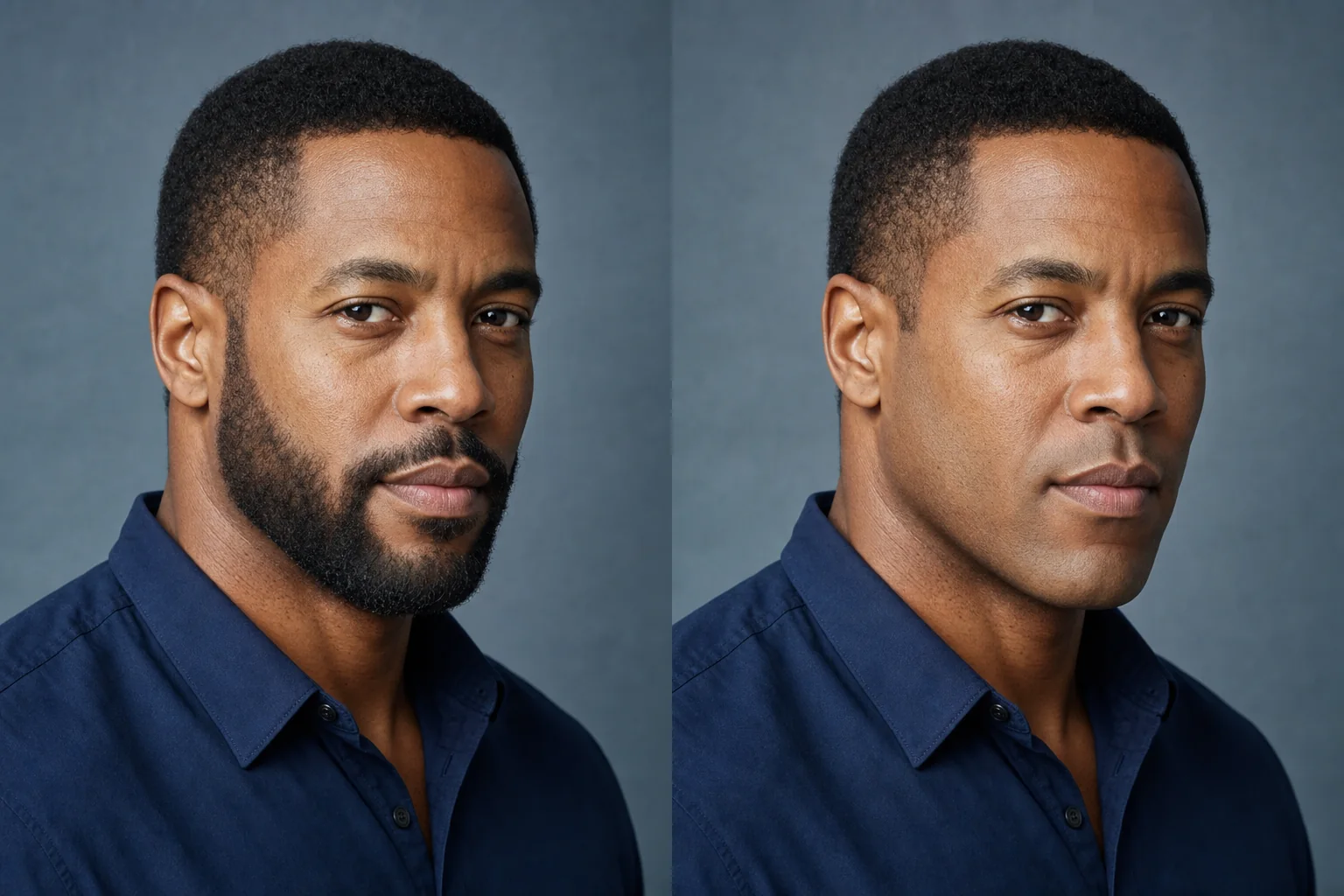 Professional portrait comparison before and after AI beard removal