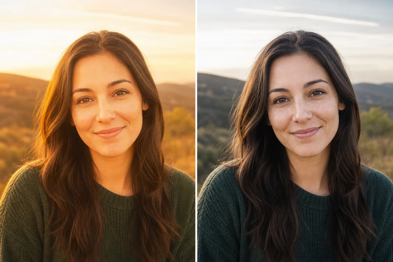 Before and after photo showing a warm color filter reduced to natural tones