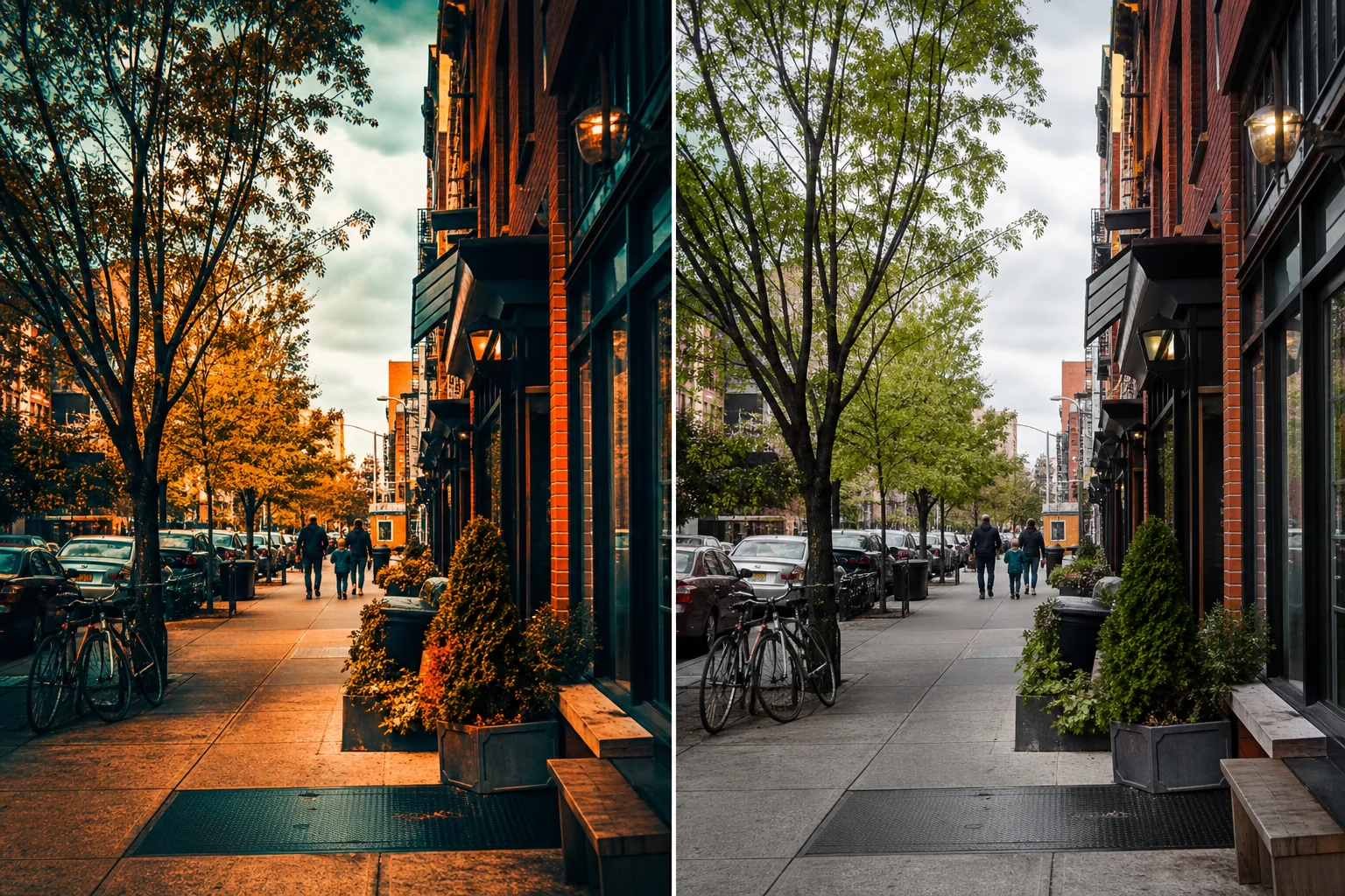 City street with a heavy cinematic filter and with restrained natural colors
