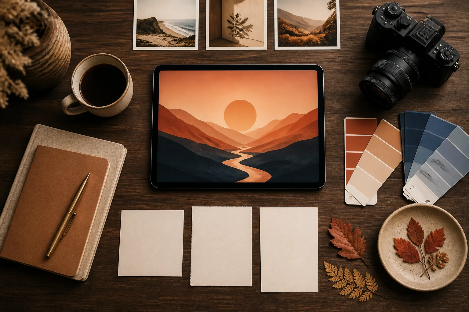 AI-generated overhead creative workspace with a tablet and abstract sunset art
