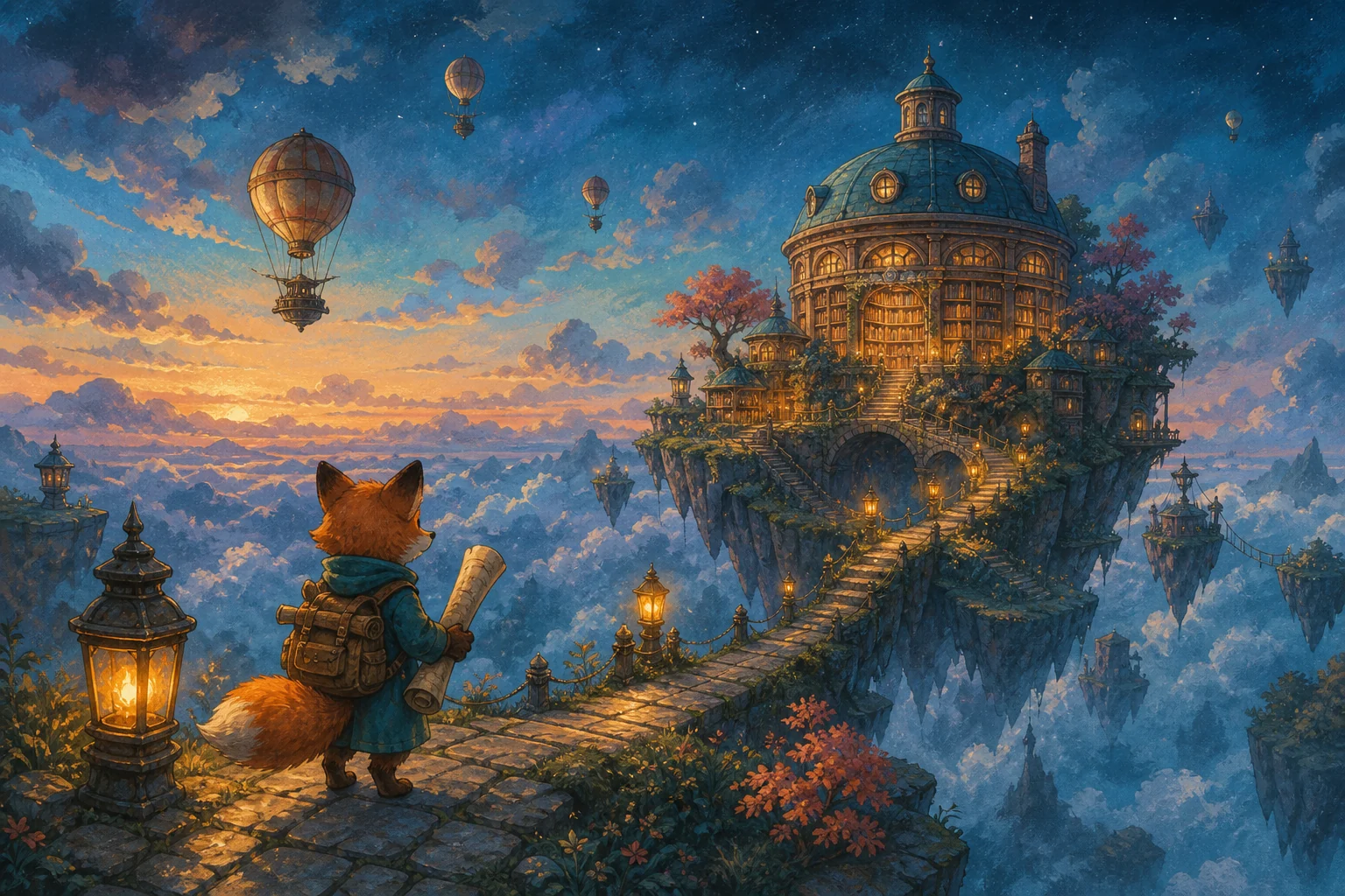 AI-generated fox explorer discovering a floating library in the clouds
