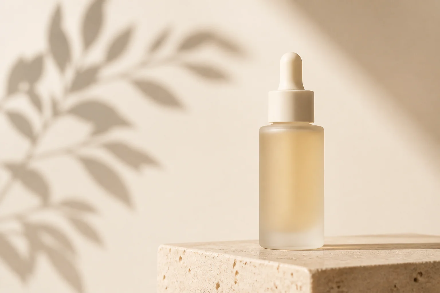 AI-generated minimalist skincare bottle on travertine in warm sunlight