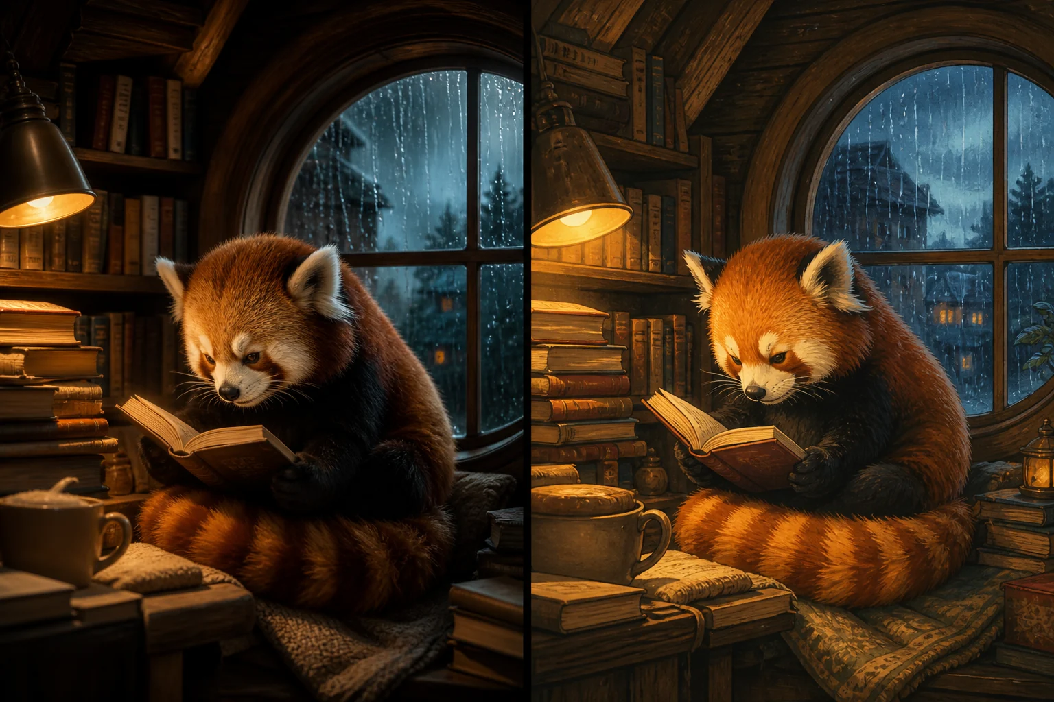 Two AI-generated interpretations of a red panda reading beside a rainy round window