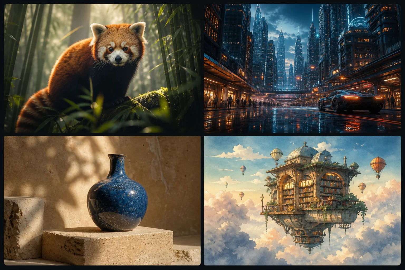 Examples created from text prompts: a red panda, futuristic city, ceramic vase, and floating watercolor library