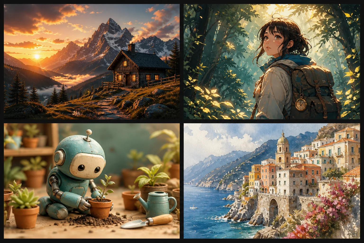 Four AI text-to-image styles: alpine photography, anime forest, clay robot, and watercolor coast