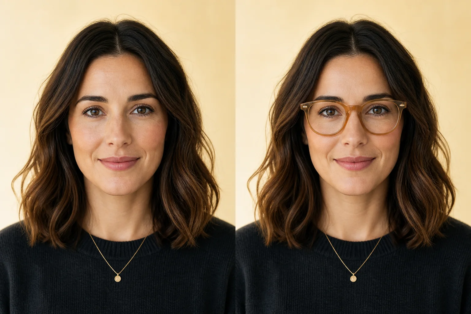 The same woman before and after trying amber eyeglasses on her photo